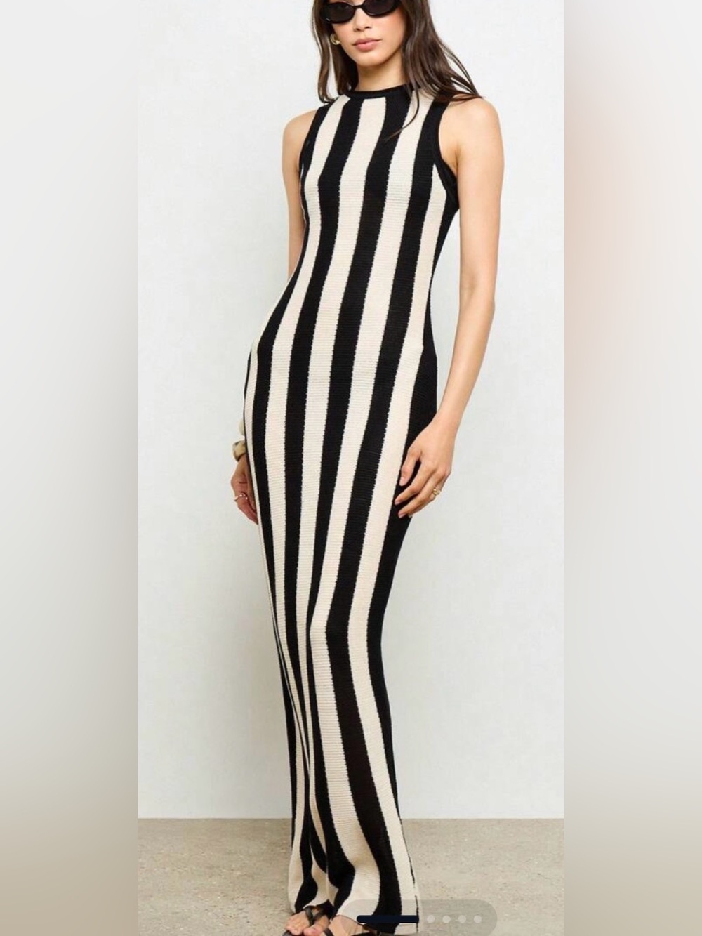 Sleeveless Vertical Stripe Knit Dress - Black & Cream